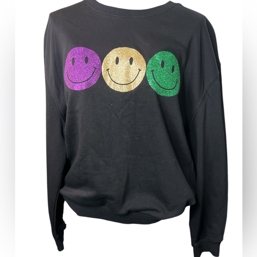 Black Mardi Gras Sweat Shirt with Glitter Smiley Face Accent, Size: Large - Picture 4 of 7